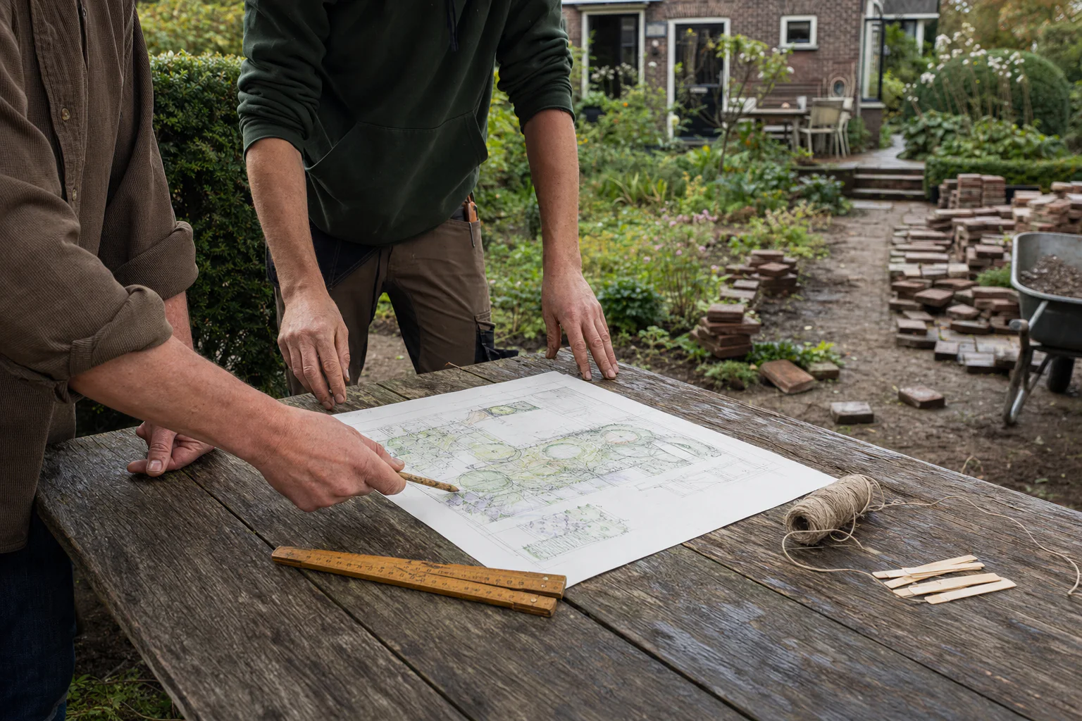 Een tuinplan ligt naast meetgereedschap en materiaalmonsters in een Nederlandse tuin.