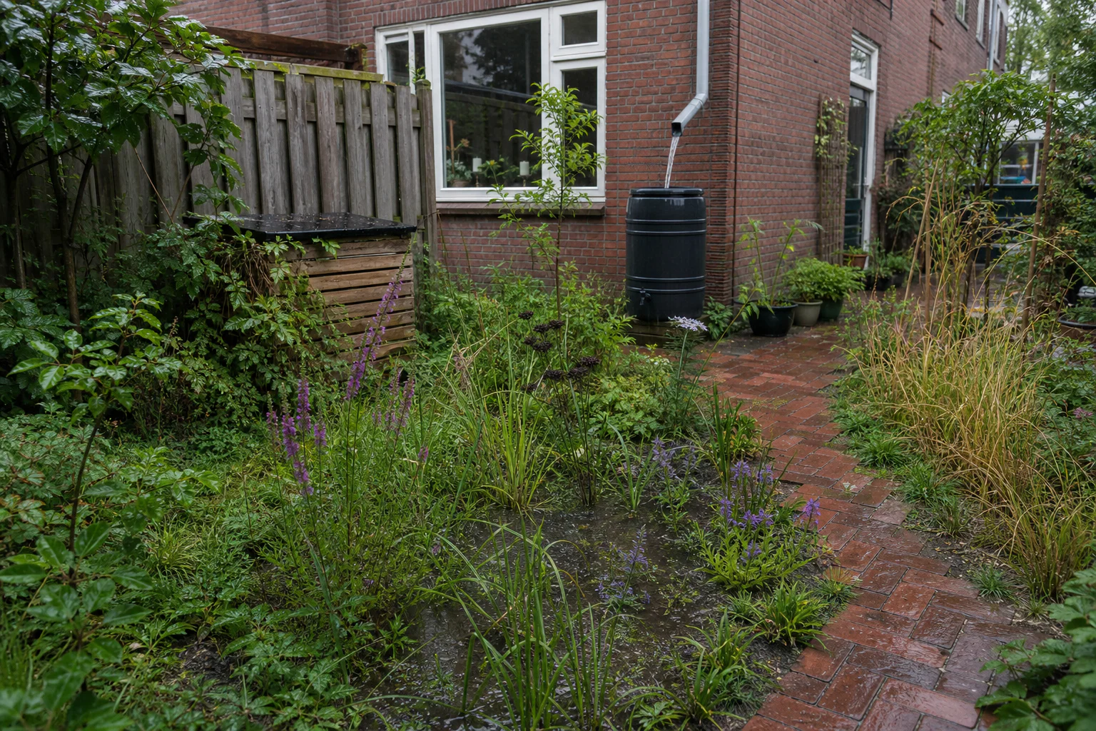 Een groene Nederlandse achtertuin met regenton en ondiepe regentuin na regen.