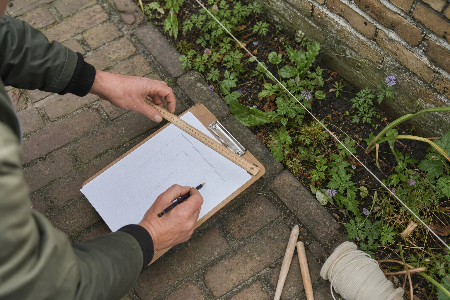 Een tuinbezitter meet een border en noteert de maten op ruitjespapier.