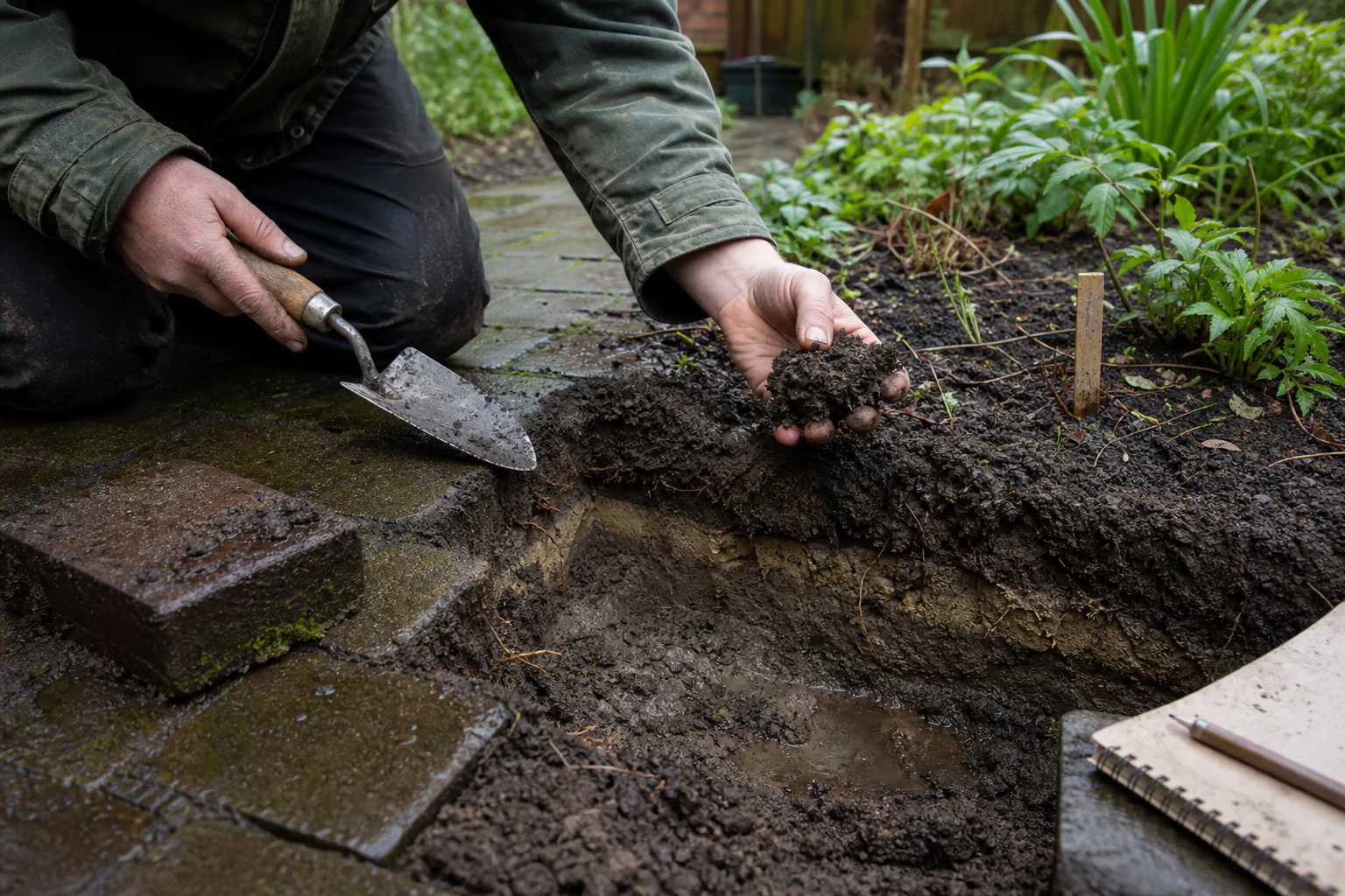 Een tuinier onderzoekt met de hand een nat bodemprofiel naast een tuinpad.